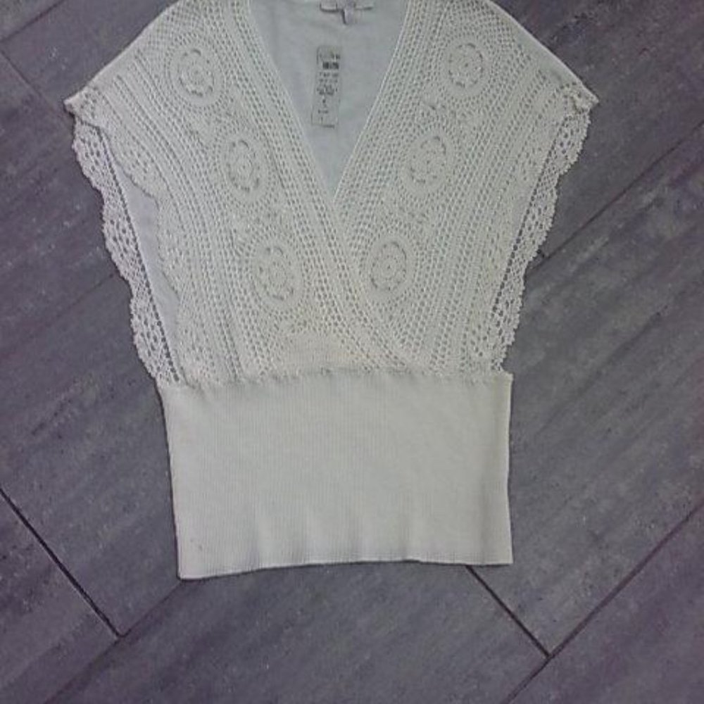 NWT Vintage Cache Luxe openwork knitted vest top ivory viscose XL